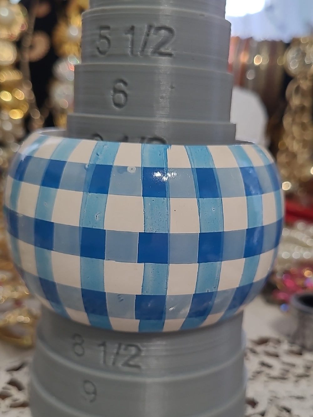 Beautiful A 90s Wide Wood Cuff Blue And White Checked